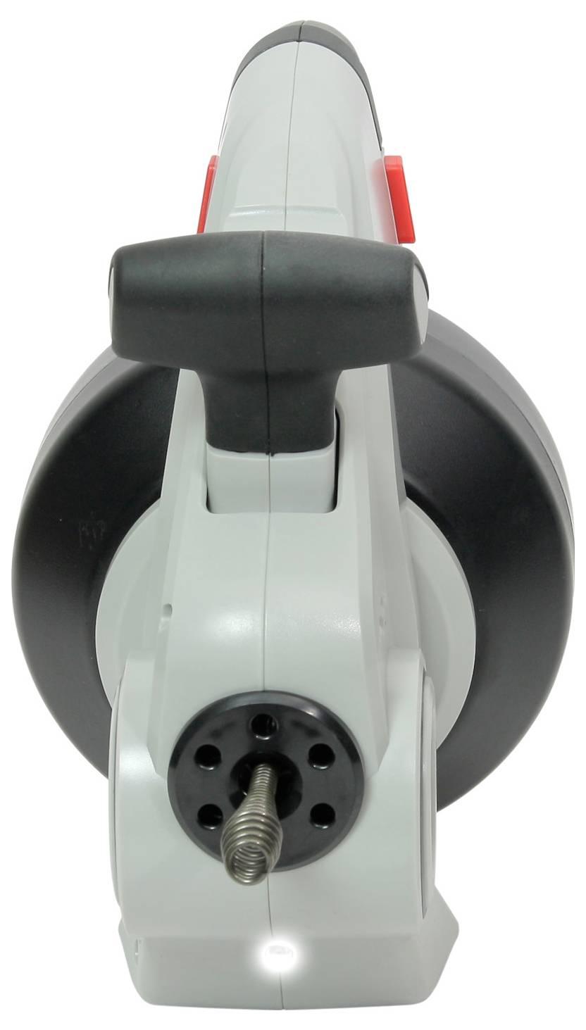 Srebrne i czarne narzędzie, przypuszczalnie ręczny świder lub podobne urządzenie, z przednim uchwytem i czerwonym akcentem.