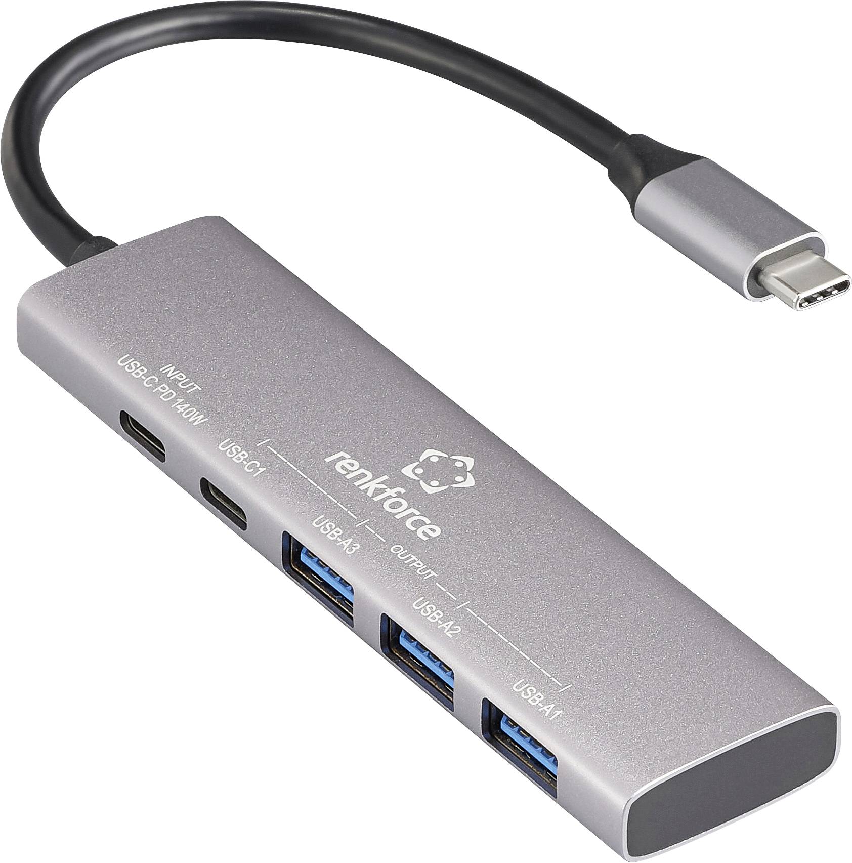 USB-хаб Renkforce RF-6676604, 3+1 порти USB-A, USB-C® USB 3.2 Gen1, 5 Гбіт/с, алюмінієвий корпус, порт зарядки USB-C® PD, сірий, R
