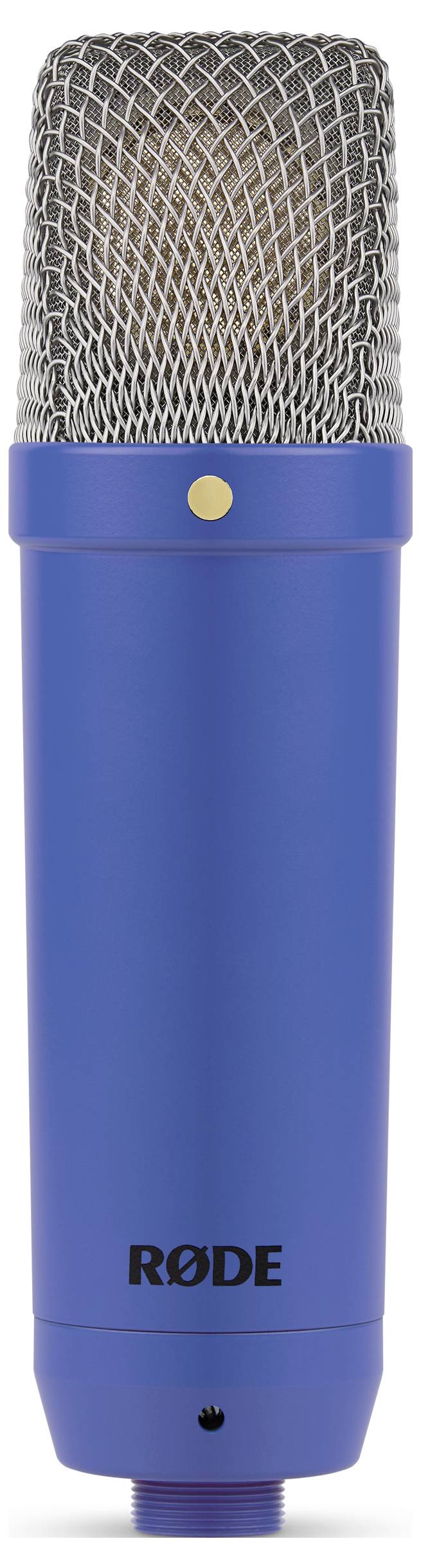 Niebieskie mikrofon Rode z srebrną siatką. Idealny do nagrań studyjnych i podcastingu.