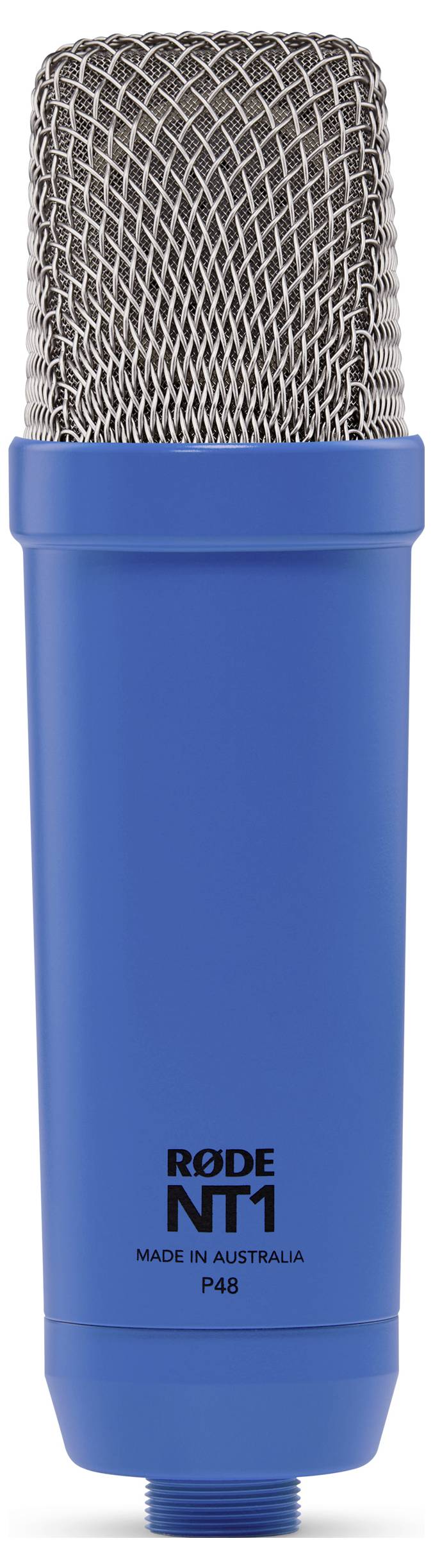 Niebieskie mikrofon z srebrną siatką, na którym widnieje napis 'RØDE NT1' oraz 'Made in Australia'. Odpowiedni do nagrań studyjnych.