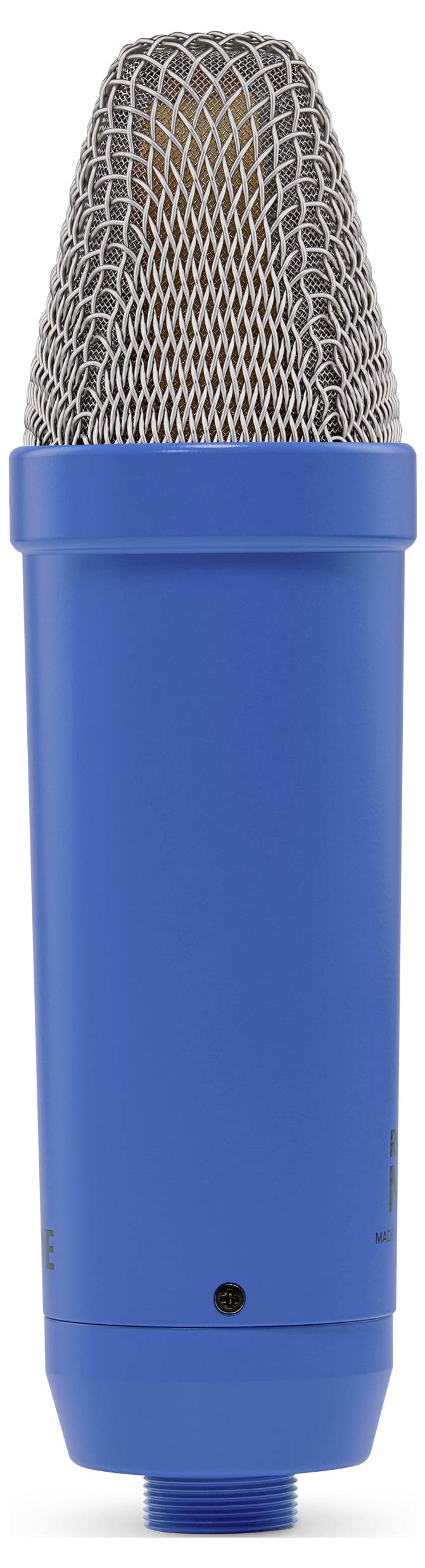 Niebieskie, cylindryczne mikrofon z srebrną metalową siatką na górze, odpowiedni do nagrań audio i zastosowań studyjnych.