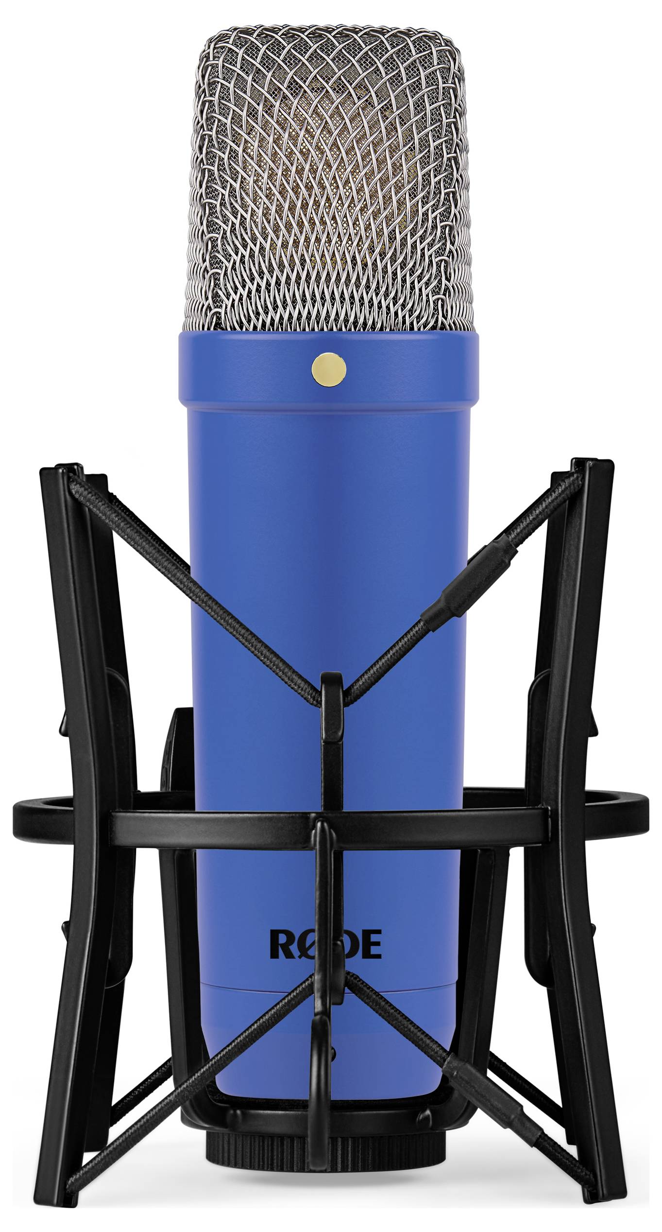 Niebieskie mikrofon studyjne z srebrną metalową siatką i czarnym uchwytem, przeznaczone do nagrań dźwiękowych w profesjonalnym środowisku.