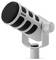 Srebrzyste mikrofon podcastowy z czarną siatką i logo RØDE z boku, przeznaczony do nagrywania dźwięku.
