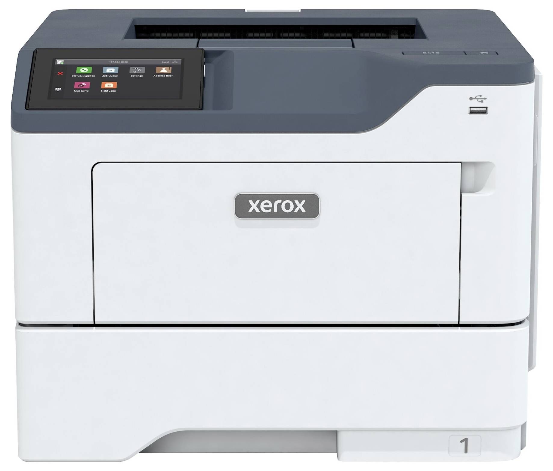 Biały drukarka z szarą górną częścią i wyświetlaczem cyfrowym po lewej stronie, złączem USB w prawym górnym rogu.