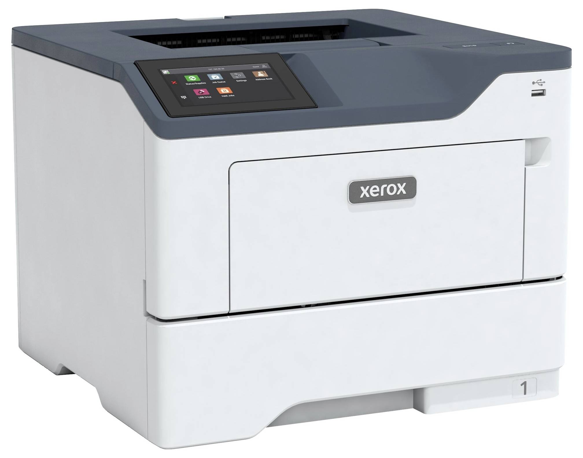 Nowoczesna, szara drukarka z cyfrowym panelem sterowania na górze. Logo marki znajduje się z przodu urządzenia.