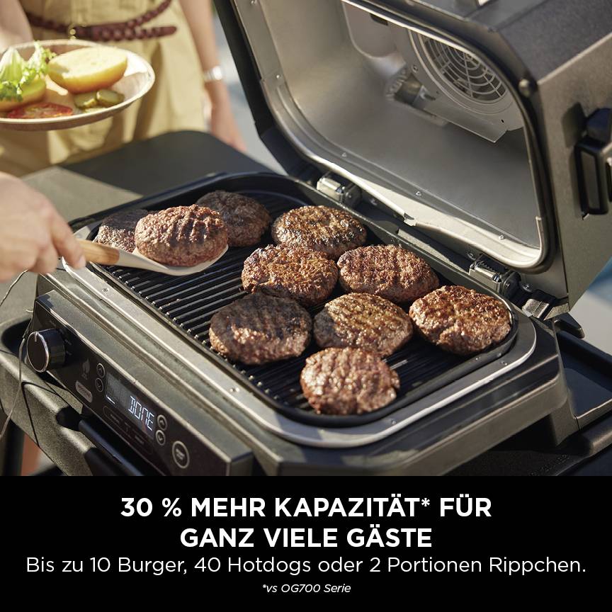 Trzy grillowane kotlety hamburgerowe na grillu. Osoba trzyma talerz z hot dogami. Tekst na zdjęciu podkreśla zwiększoną pojemność grilla.