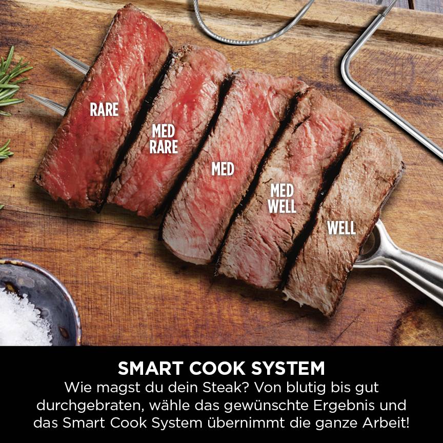 Obraz przedstawia stek na desce drewnianej, podzielony na cztery różne stopnie wysmażenia: rare (krwisty), medium rare (lekko krwisty), medium (średnio wysmażony) i well done (dobrze wysmażony).