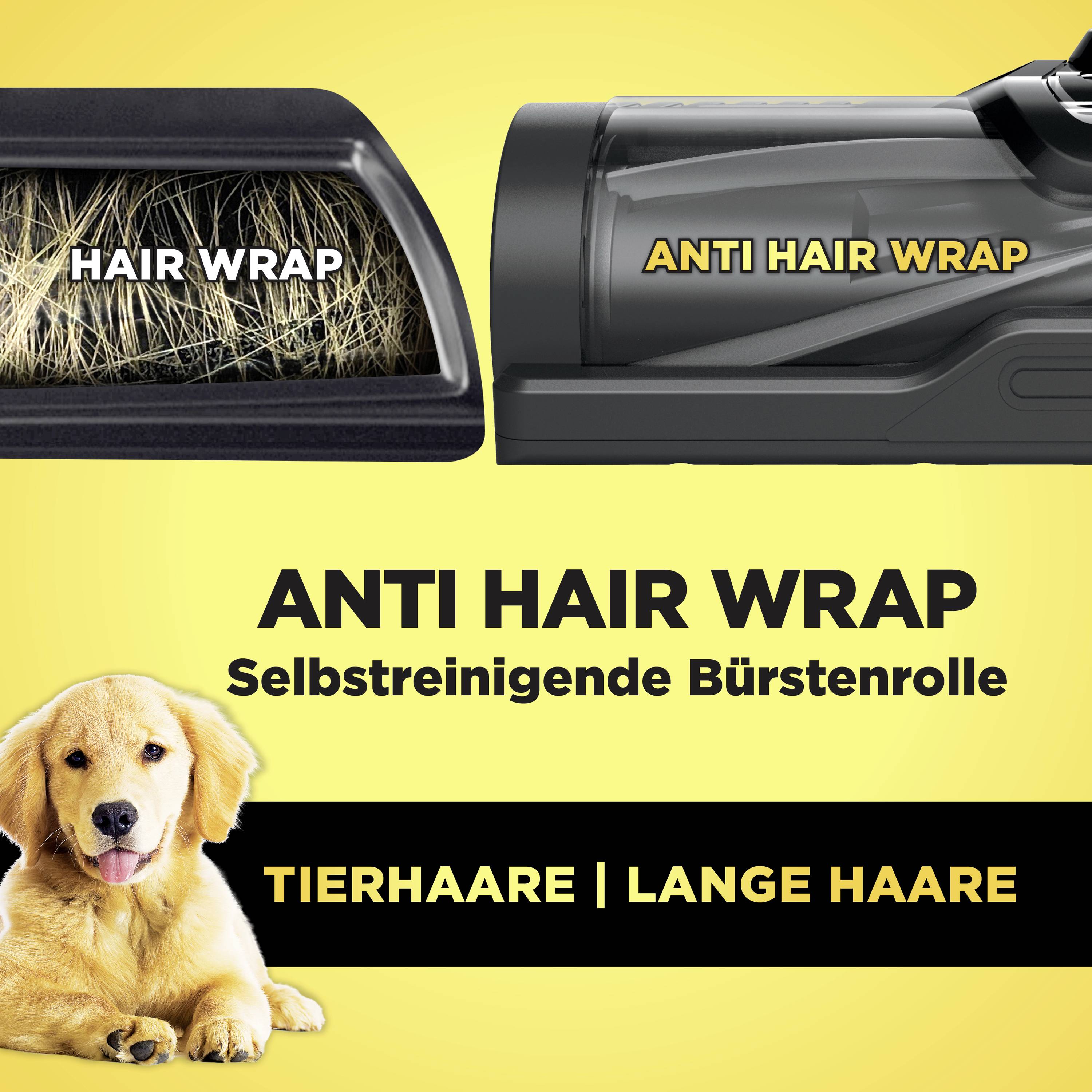 Technologia 'Anti Hair Wrap' w rolce szczotki samoczynnie usuwa sierść zwierzęcą i długie włosy. Obraz przedstawia rolkę z włosami.