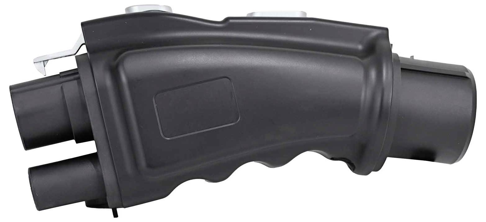 Czarny, ergonomiczny uchwyt z tworzywa sztucznego z wieloma przyłączami, prawdopodobnie będący częścią narzędzia elektrycznego lub mechanicznego.