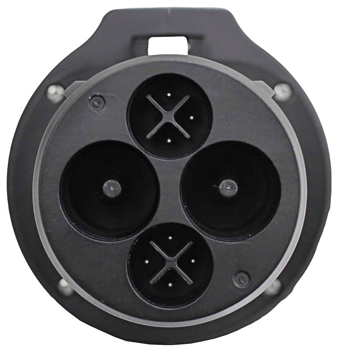 Złącze ładowania do pojazdów elektrycznych, okrągły wtyk z trzema głównymi stykami i sześcioma małymi pinami wewnątrz, posiada czarną obudowę.