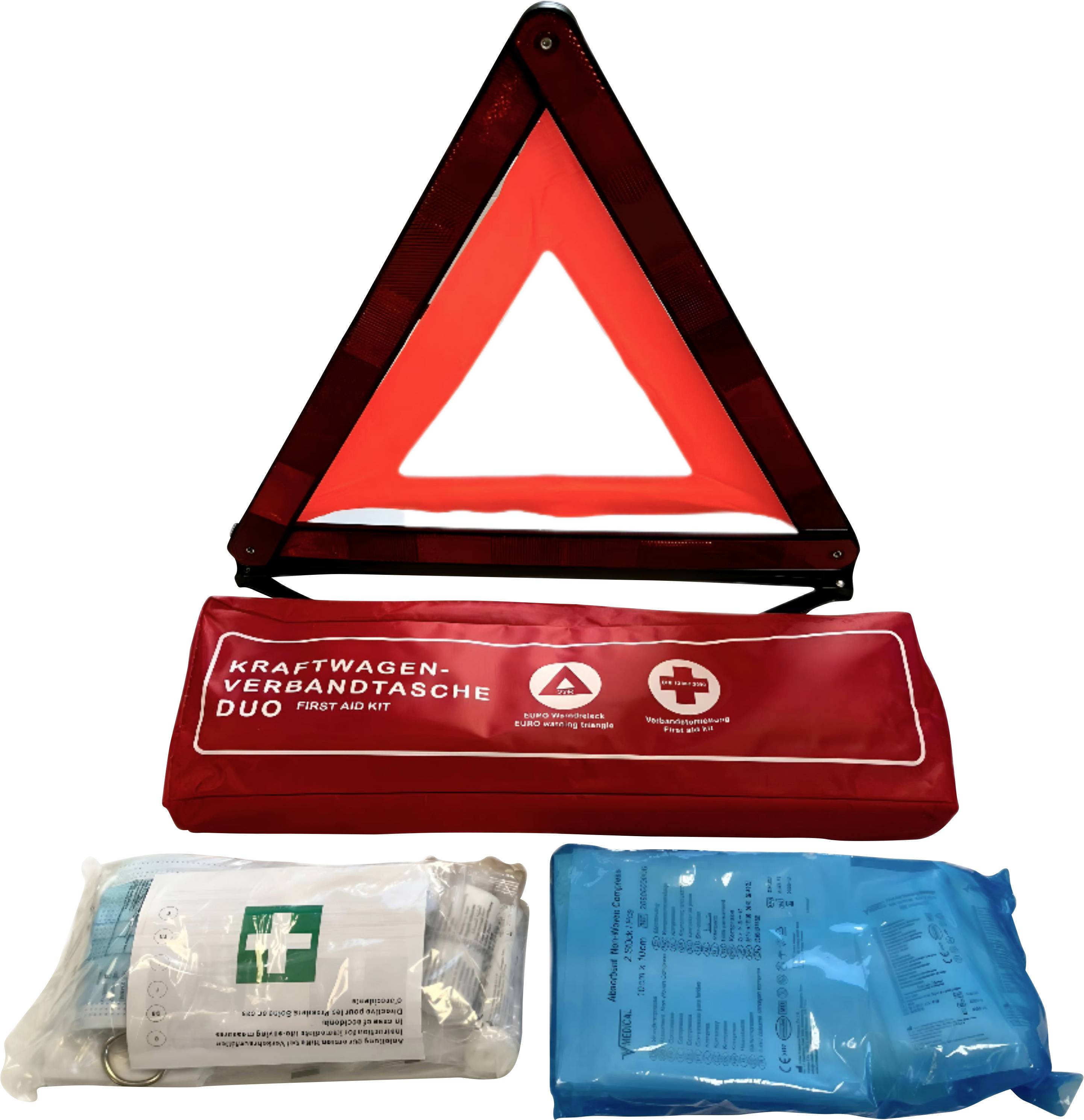 Czerwona torba pierwszej pomocy do samochodu z napisem 'Torba pierwszej pomocy DUO First Aid Kit' i różnymi symbolami.