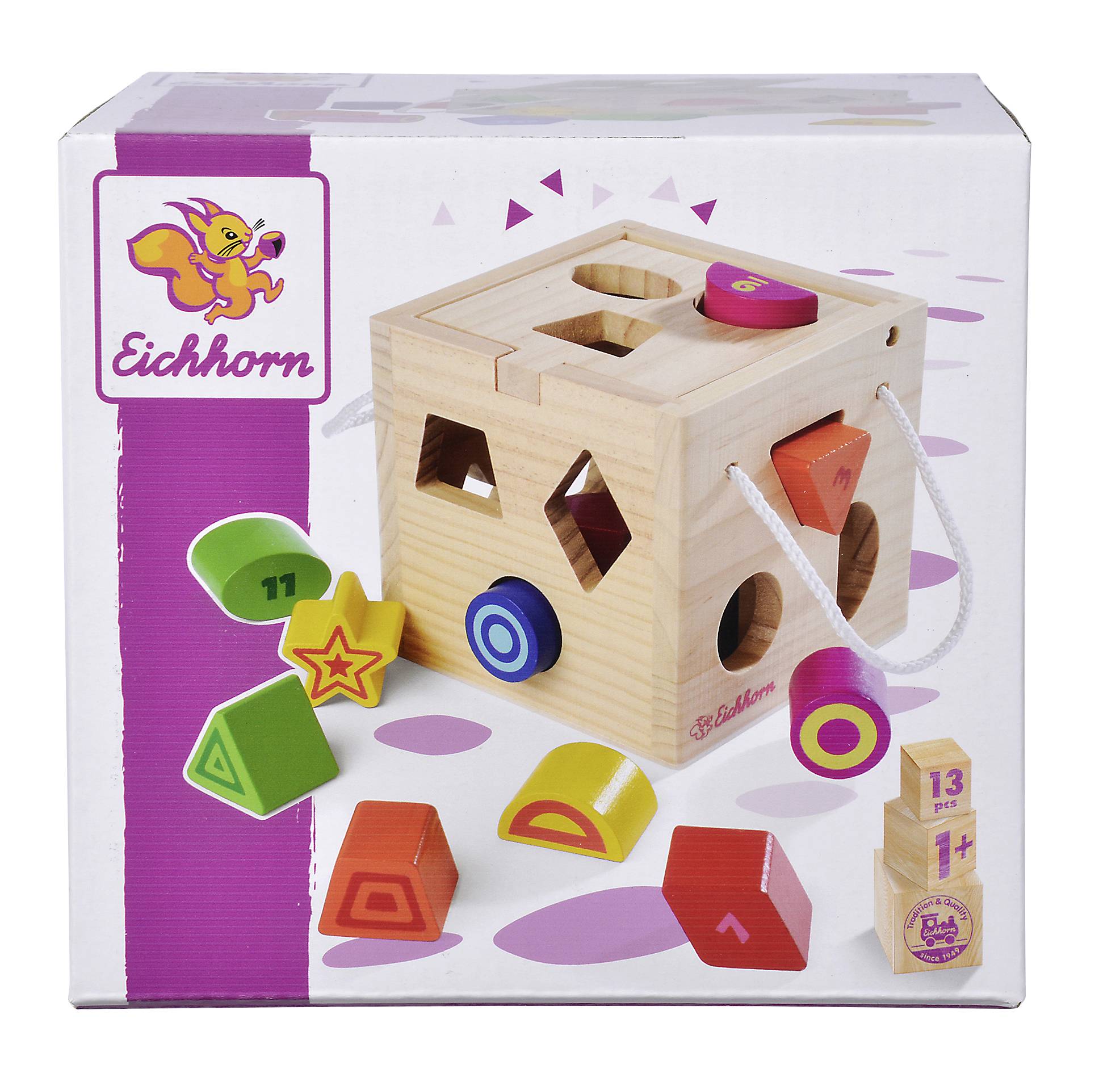 Drewniana zabawka z kolorowymi kształtami do wkładania. Na kartonie widnieje napis 'Eichhorn'. Wspomaga rozwój umiejętności motorycznych i rozpoznawanie kształtów.