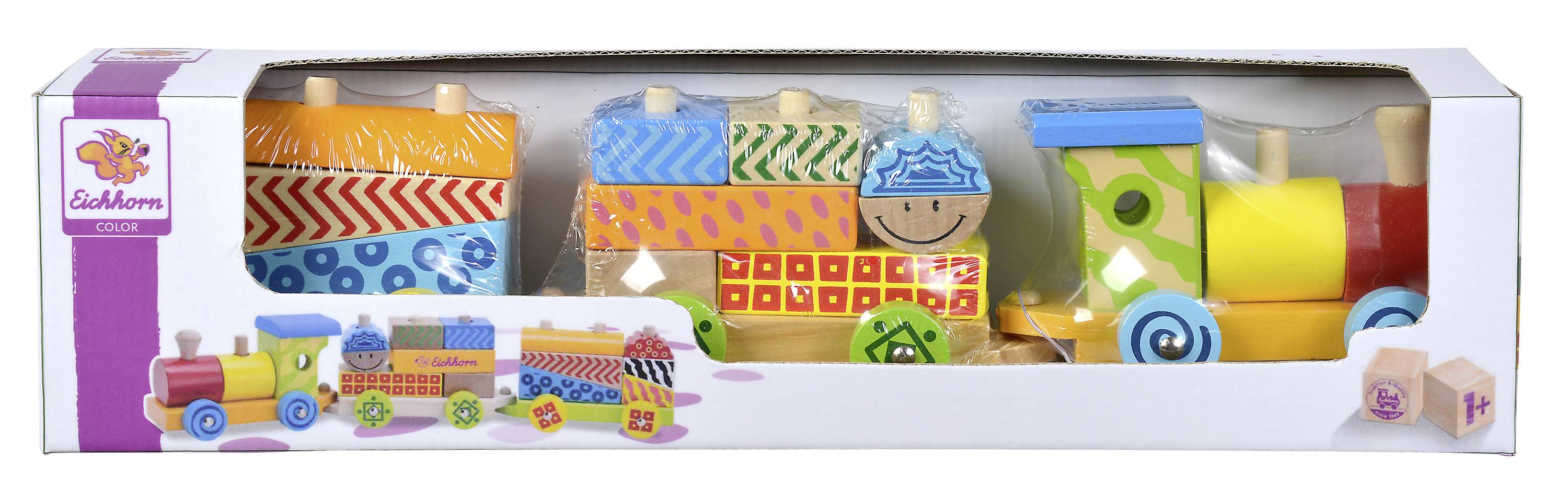 Kolorowa drewniana kolejka w opakowaniu, składająca się z różnych form geometrycznych i kolorów, odpowiednia dla dzieci.