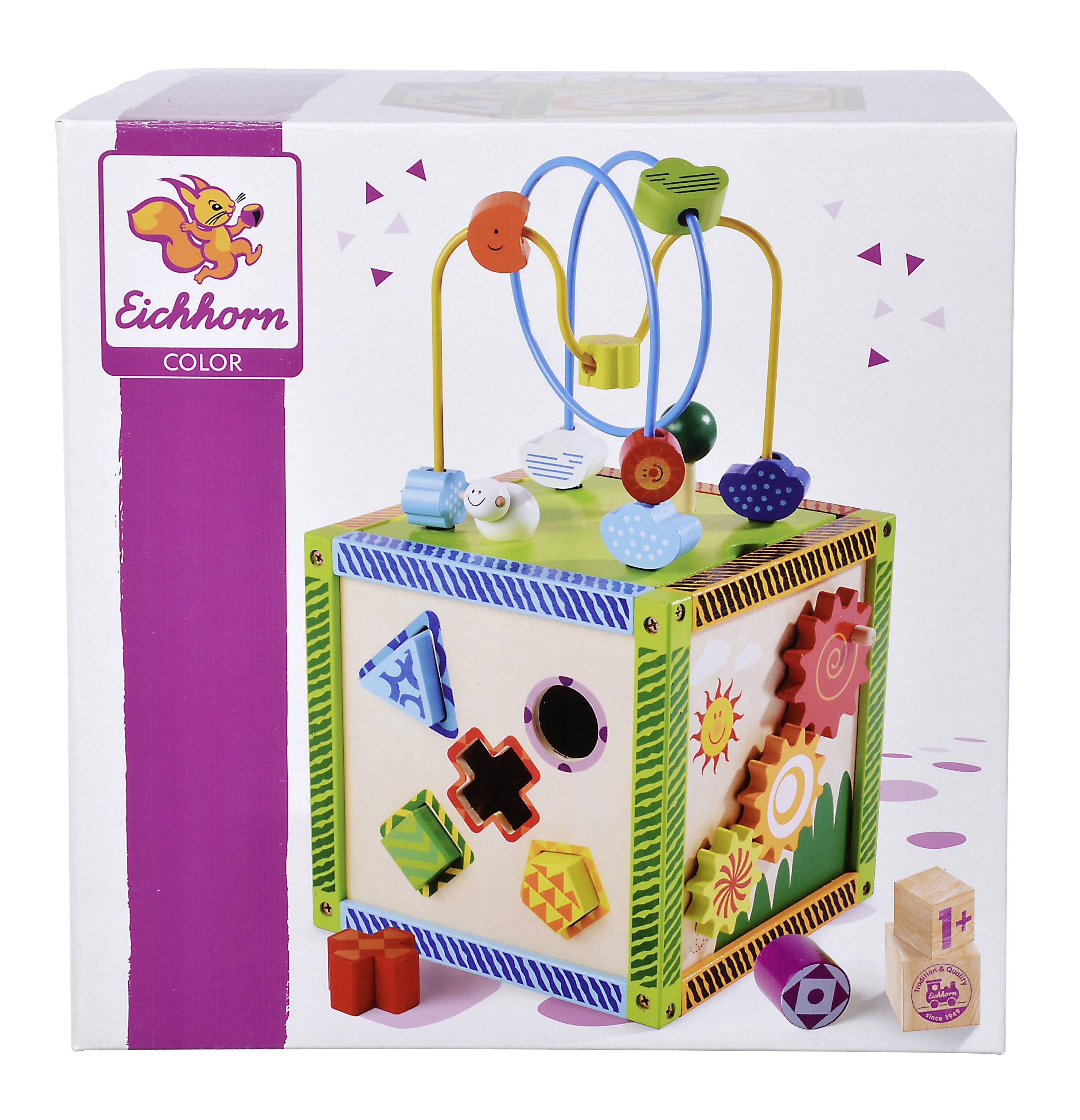 Mały sześcian motoryczny z kolorowymi kształtami i kulkami. Wspiera rozwój motoryczny dzieci. Odpowiedni od 1 roku życia.