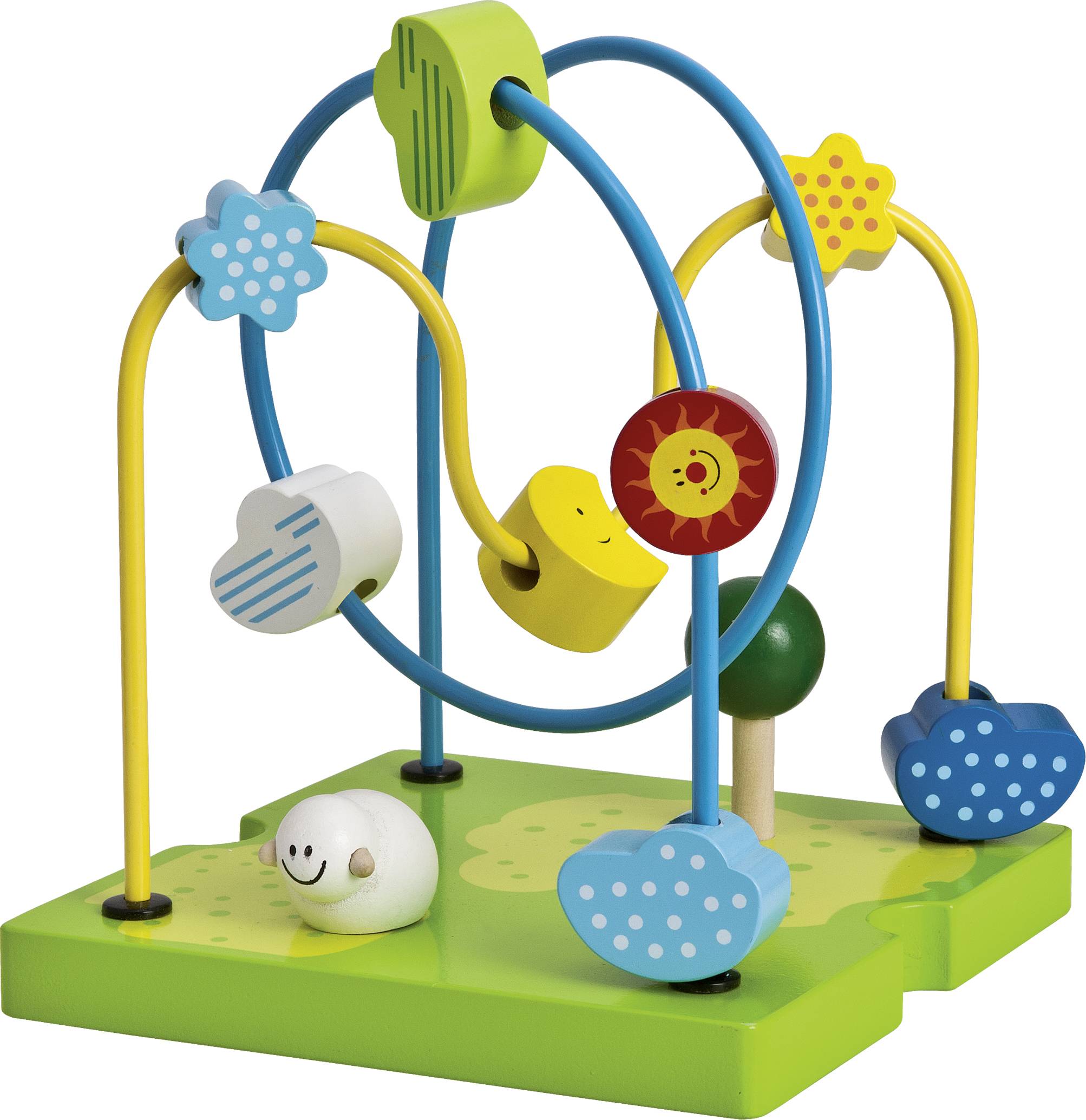 Kolorowa drewniana pętla manipulacyjna z różnymi kolorowymi kształtami na giętkich drucikach, która pobudza rozwijanie sprawności manualnej dziecka.