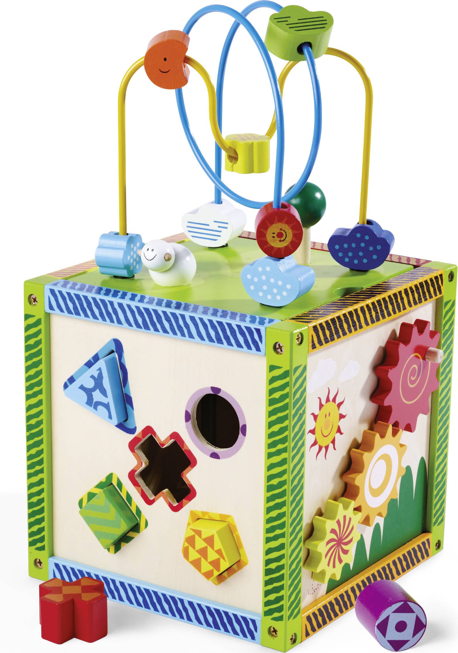 Drewniany sześcian edukacyjny z grą manipulacyjną na górze i sorterem kształtów po bokach. Kolorowe kształty i koła zębate stymulują zdolności poznawcze.