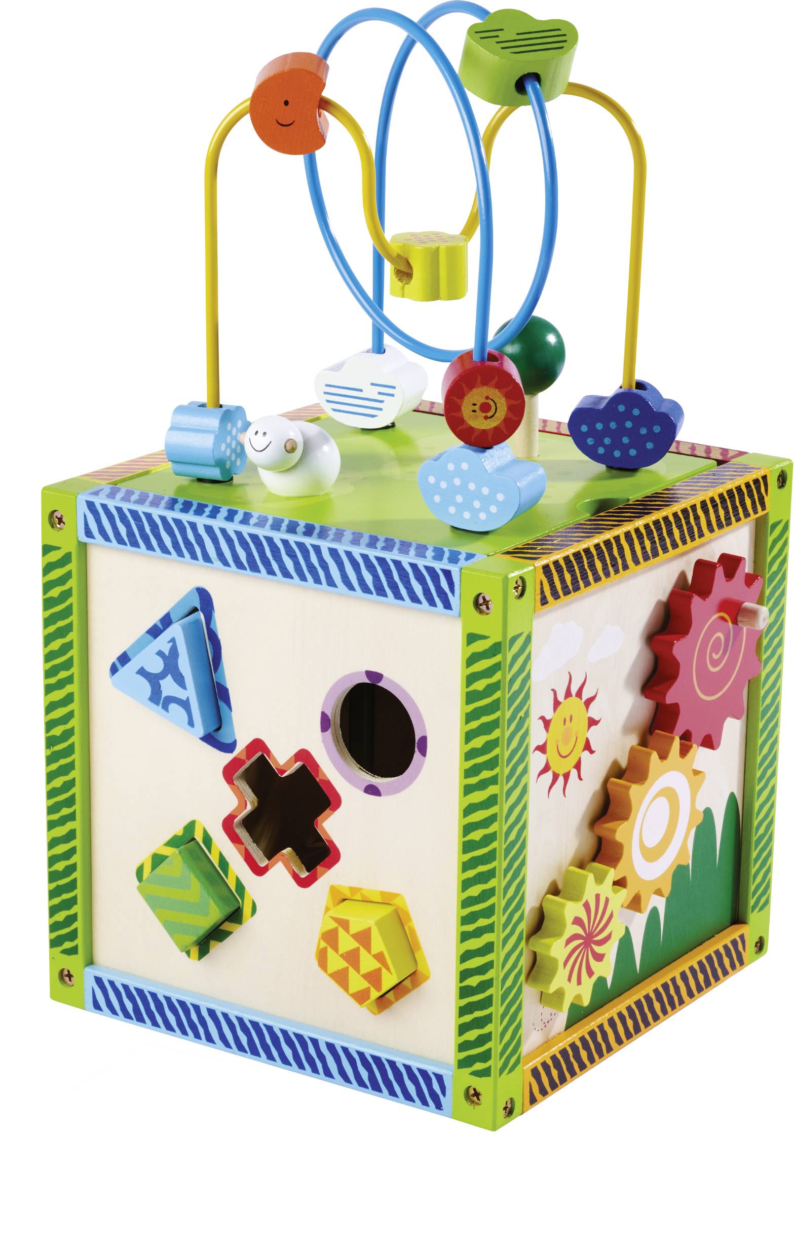 Kolorowa kostka motoryczna z kształtami do wkładania, obrotowymi kółkami zębatymi i przewodowymi koralikami. Wspomaga rozwój małej motoryki u dzieci.