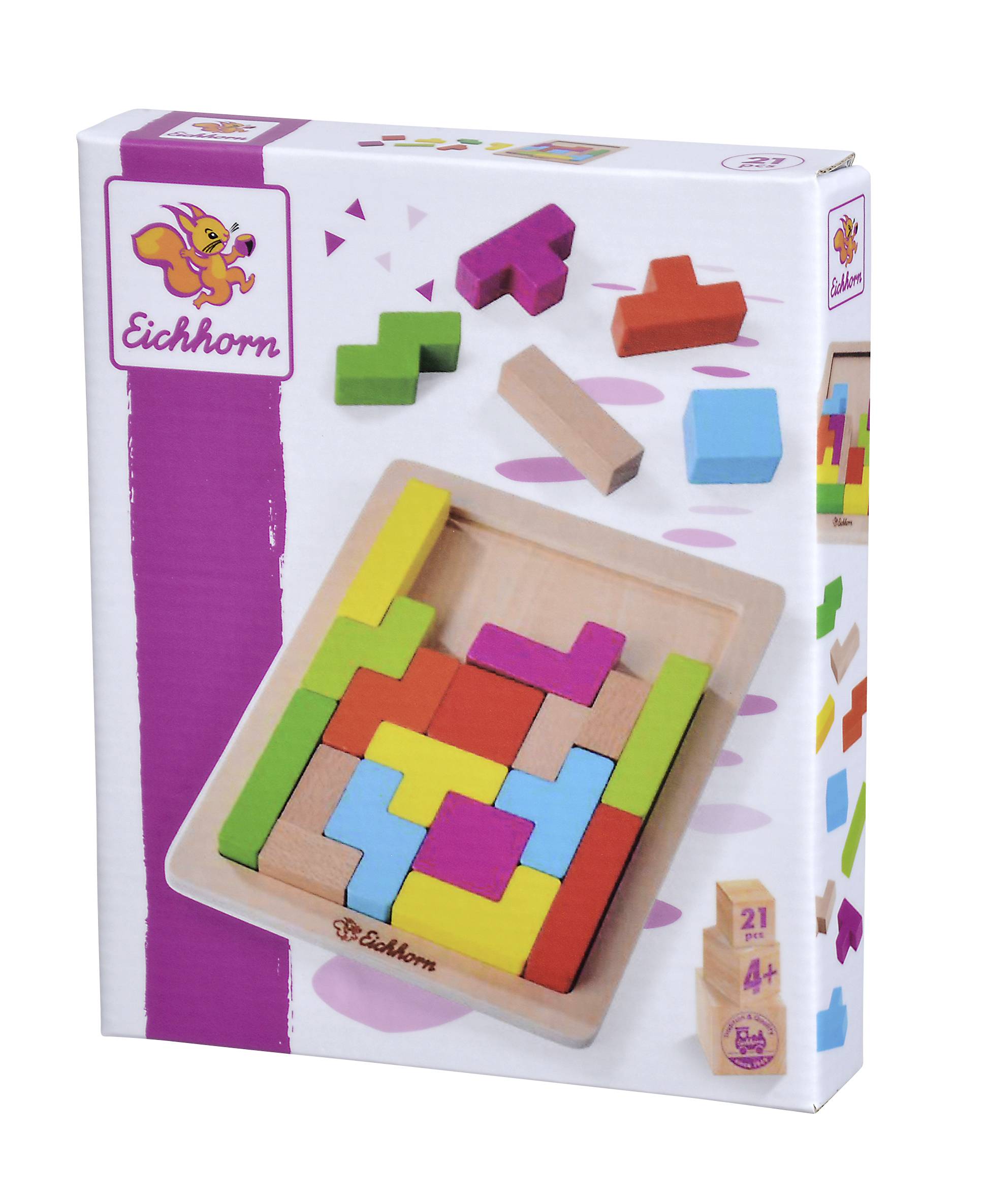 Opakowanie układanki drewnianej firmy Eichhorn, przedstawiające kolorowe elementy przypominające Tetris ułożone w drewnianej ramce. Odpowiednie dla dzieci od 2 lat.