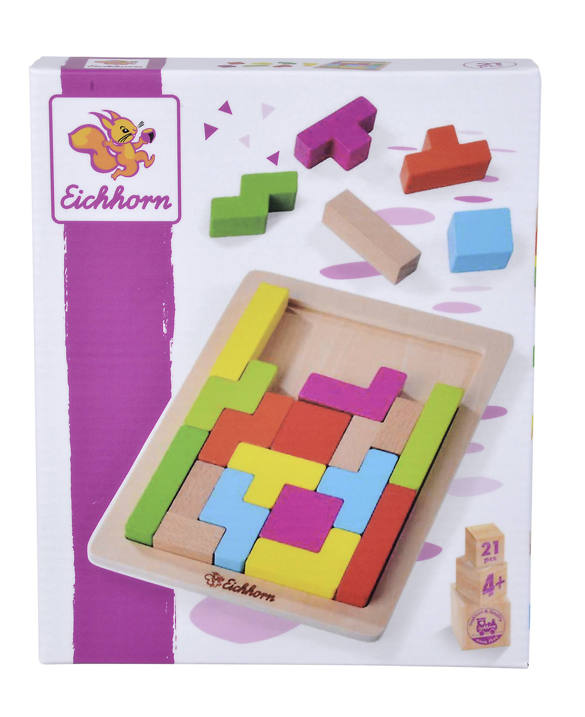Drewniane puzzle firmy Eichhorn z różnymi kolorowymi kształtami przypominającymi Tetris, odpowiednie dla dzieci od 2 lat.