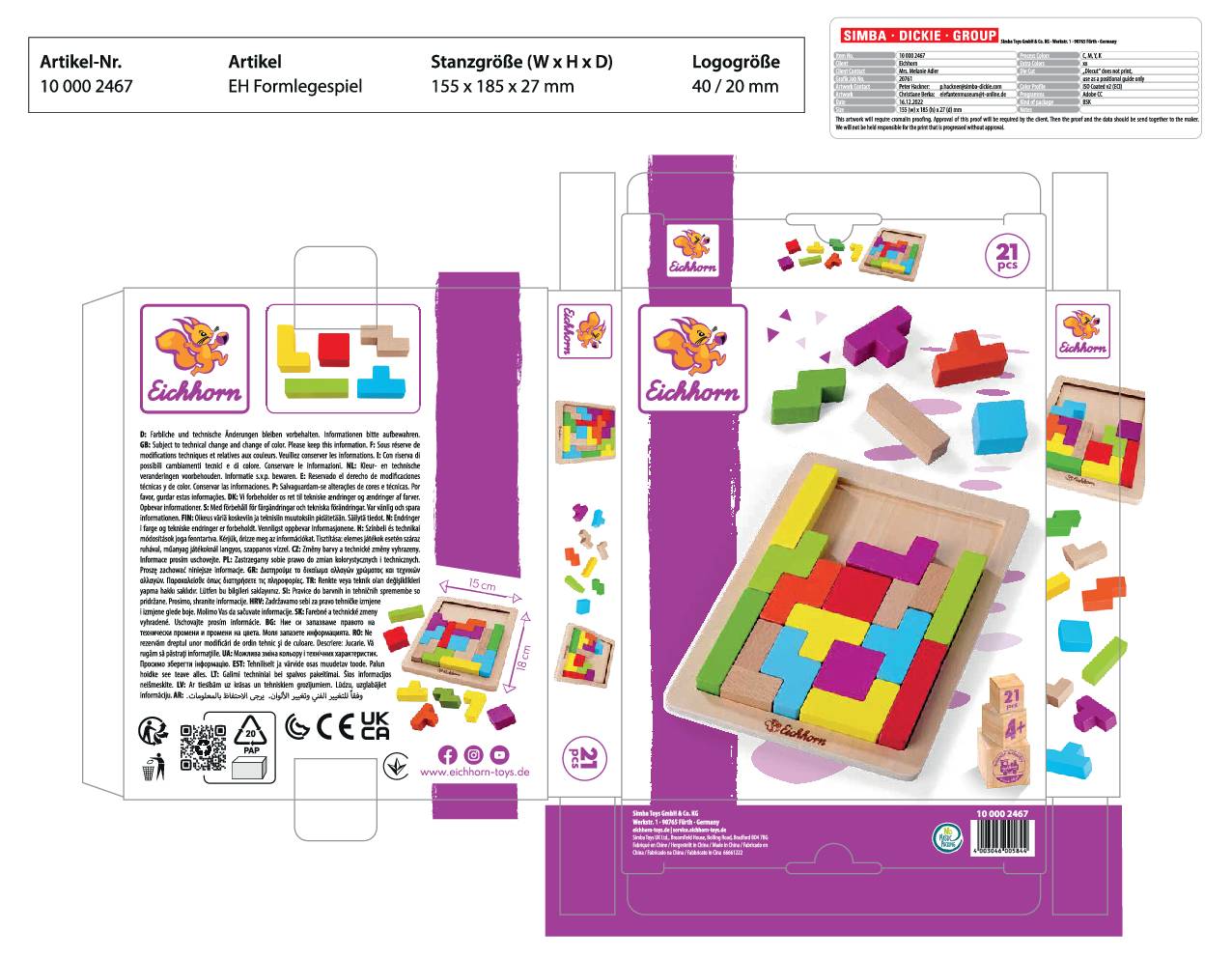 Opakowanie gry kształtowej z kolorowymi, geometrycznymi figurami. Nazwa marki w lewym górnym rogu, zdjęcie produktu i szczegóły pośrodku.