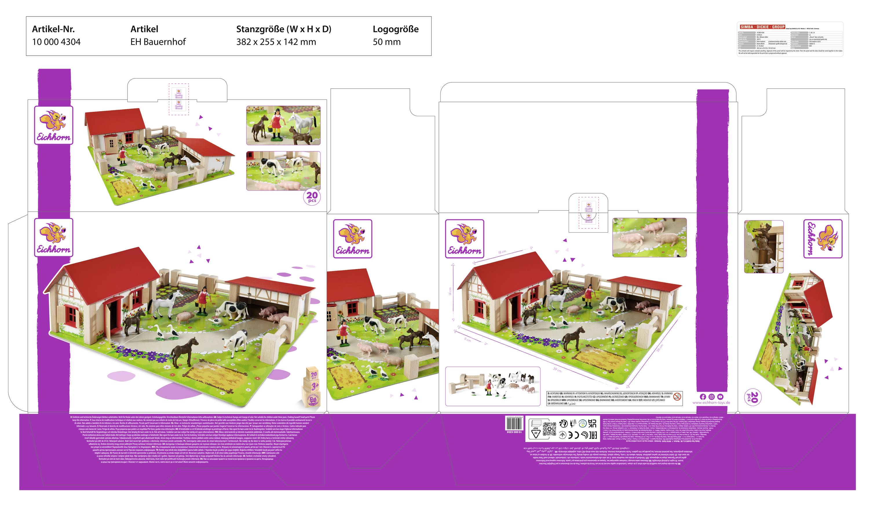Projekt wzornictwa opakowań dla zabawkowej farmy: Zawiera ilustracje przedstawiające gospodarstwo rolne z różnymi zwierzętami i budynkami. Logo marki oraz informacje o produkcie są wyraźnie widoczne.