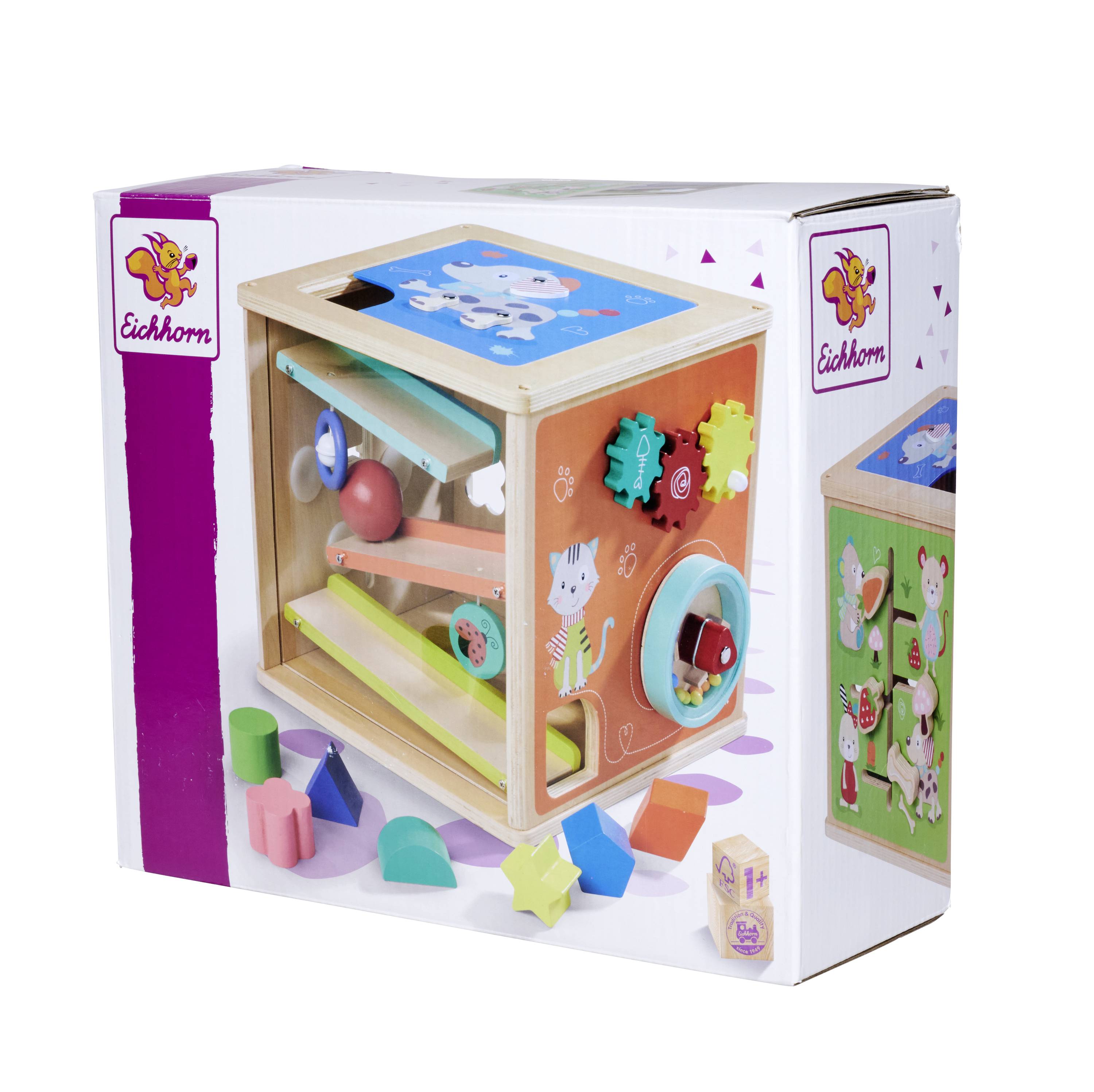 Opakowanie zabawki prezentuje kolorową kostkę aktywności dla dzieci, wyposażoną w różne kształty, koła zębate i pętle manipulacyjne.