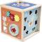 Drewniana kostka zabawka z kolorowymi kółkami zębatymi, kształtami do sortowania i motywami zwierzęcymi. Wspomaga rozwój motoryki małej i rozpoznawanie kształtów.