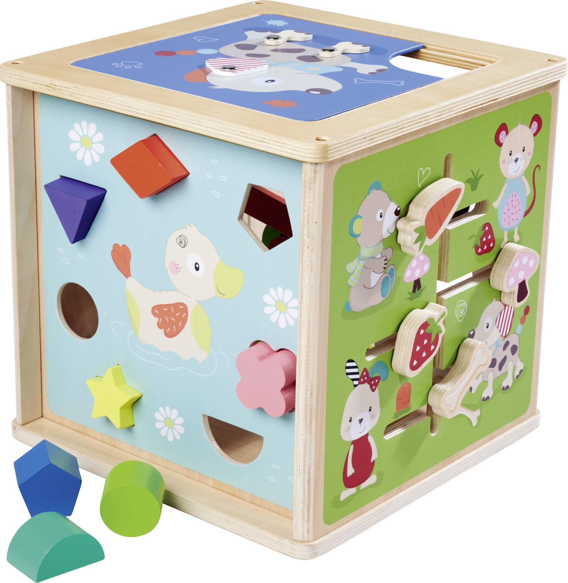 Drewniana zabawka - kostka z kolorowymi kształtami do wsuwania oraz ruchomymi figurkami po bokach, ozdobiona motywami zwierzęcymi.