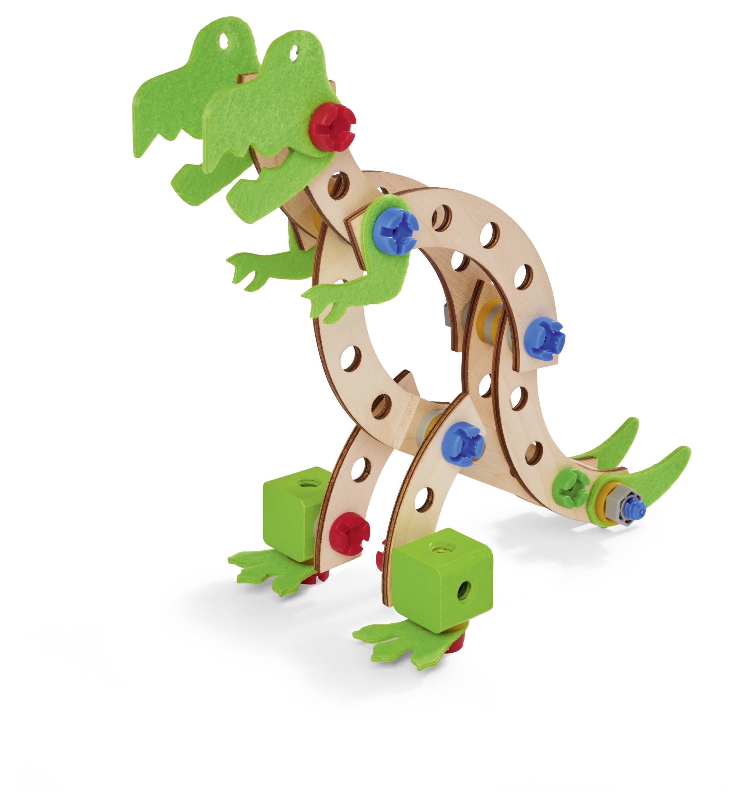 Kolorowy, złożony dinozaur wykonany z drewnianych i plastikowych elementów, z zielonymi i czerwonymi oznaczeniami rozpoznawczymi.