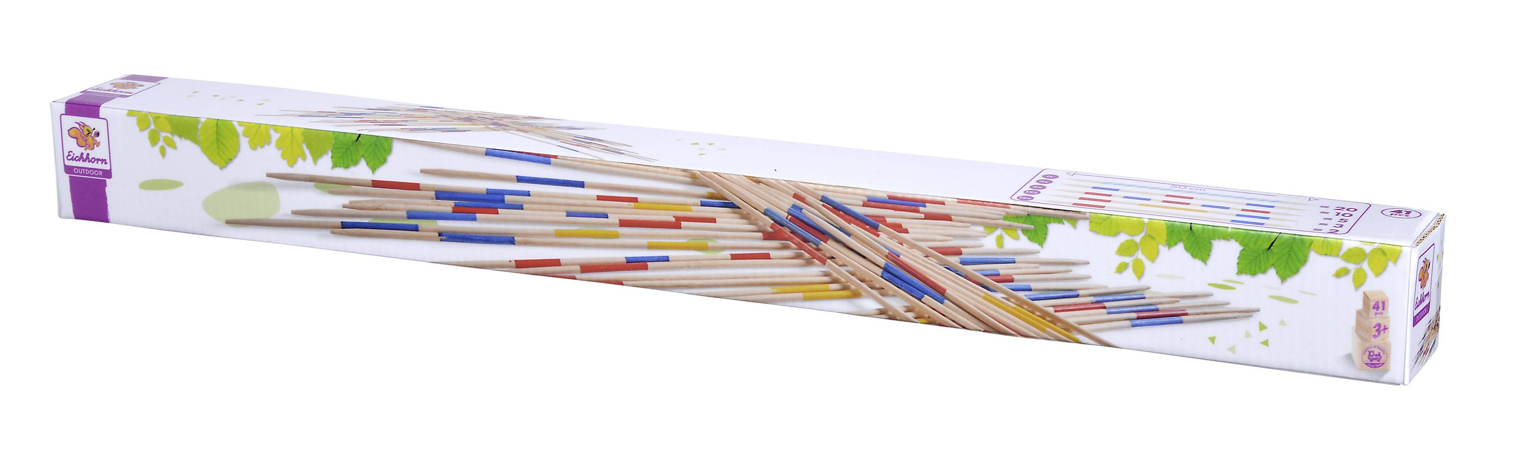 Pudełko z patyczkami Mikado. Patyczki są drewniane i mają kolorowe oznaczenia. Opakowanie przedstawia motyw gry.