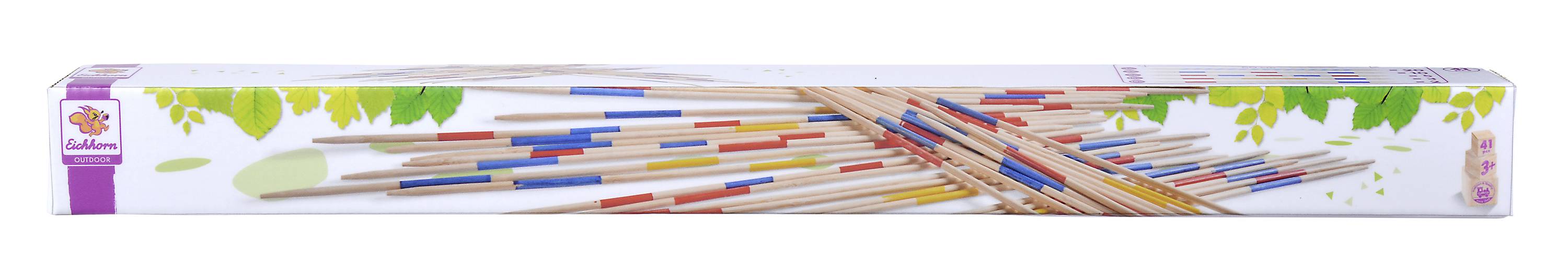 Opakowanie z patyczkami Mikado. Część patyczków jest widoczna, każdy z różnymi kolorowymi oznaczeniami.