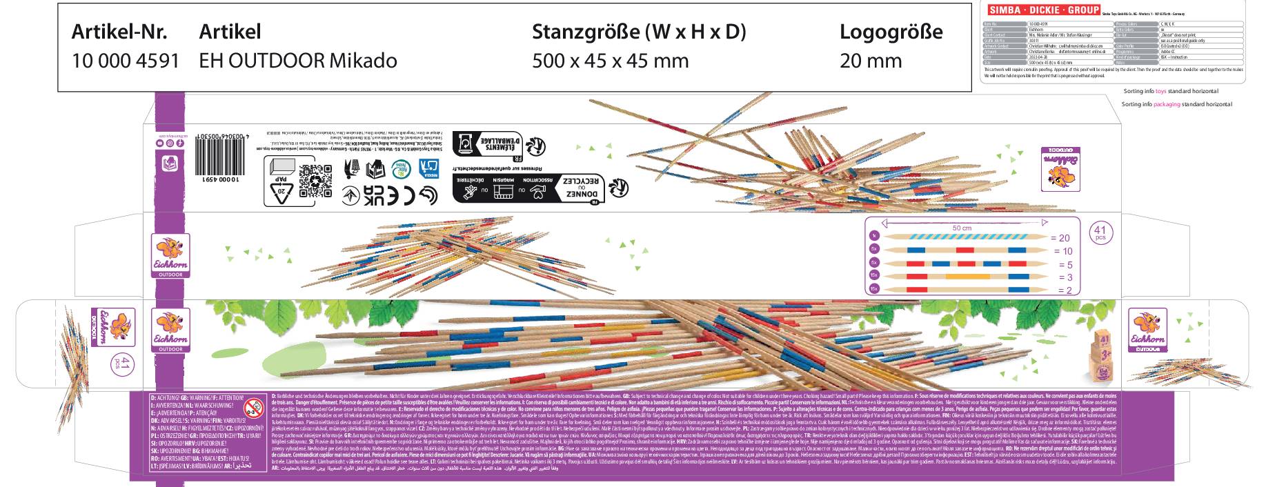 Opakowanie do gry Mikado marki EH OUTDOOR o wymiarach 500x45x45 mm. Zawiera kolorowe patyczki Mikado. Numer artykułu 10 000 4591.