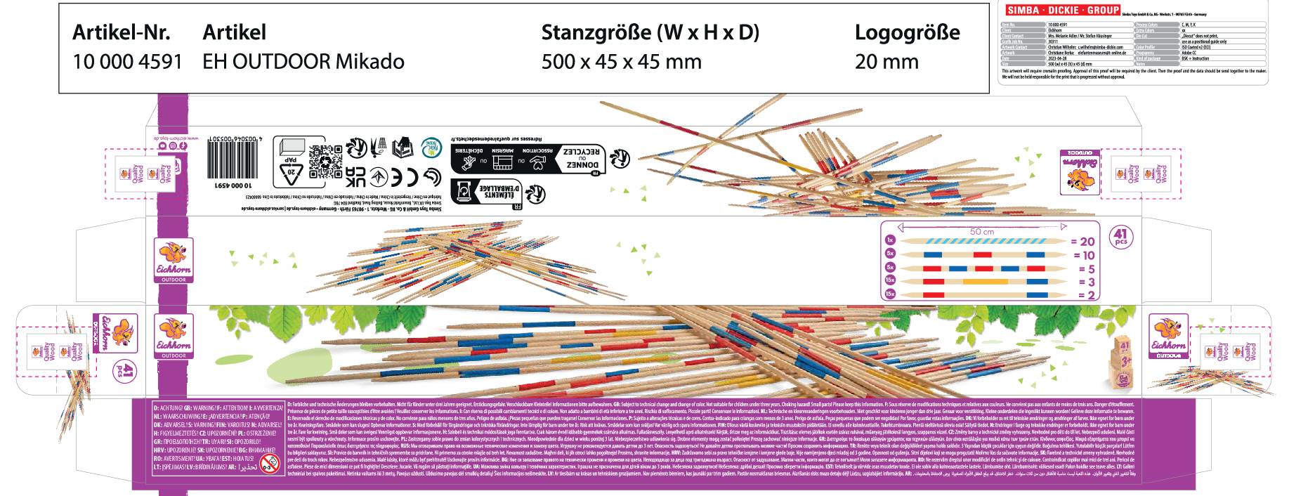 Ilustracja opakowania na pałeczki Mikado z kolorowym wzornictwem. Zawiera numer artykułu, rozmiar oraz wielkość logo.