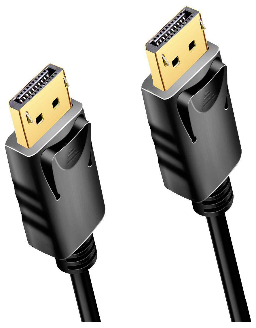 Dwa kable DisplayPort ze złoconymi złączami do podłączania monitorów do komputerów lub innych urządzeń, w czarnej izolacji.