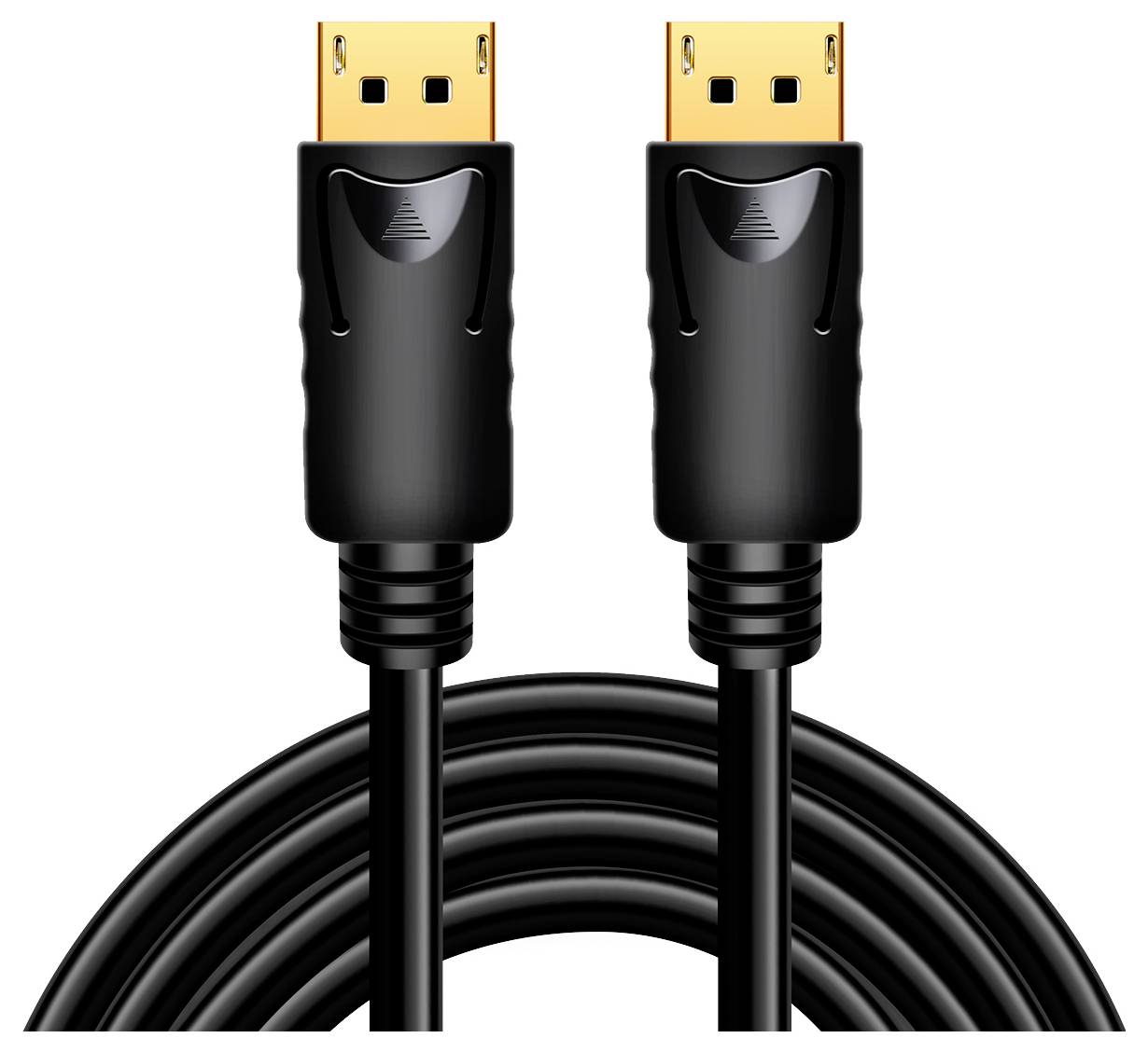 Dwa czarne kable DisplayPort z pozłacanymi wtyczkami. Idealne do przesyłania sygnału wideo i audio w wysokiej rozdzielczości.