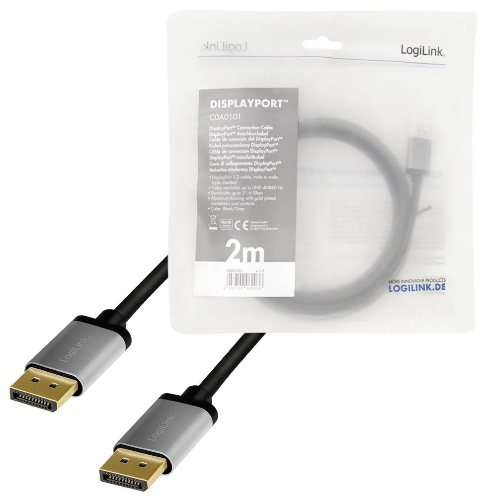 Kabel DisplayPort firmy LogiLink o długości 2 metrów, w kolorze czarnym z srebrnymi wtyczkami, przedstawione w opakowaniu.