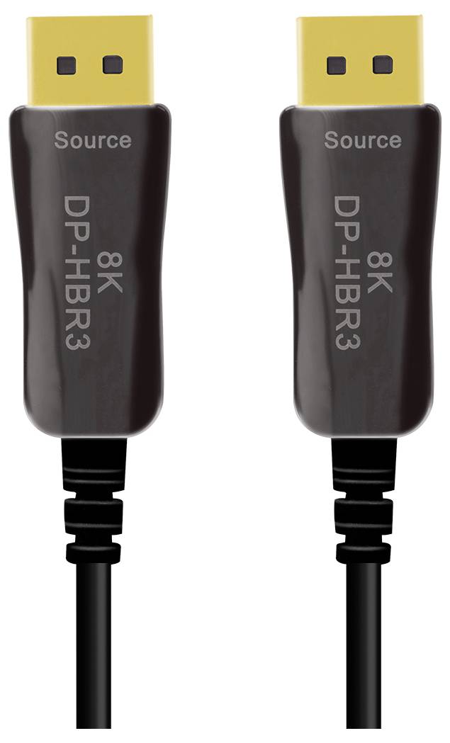 Dwa czarne kable z złotymi złączami z napisem '8K DP-HBR3 Source' do wysokiej rozdzielczości połączeń DisplayPort.