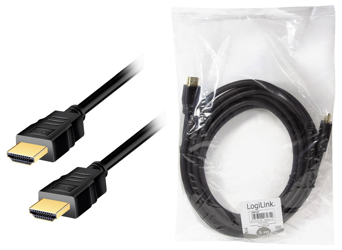 Kabel HDMI firmy LogiLink, o długości 5 metrów, w kolorze czarnym, z wtyczkami HDMI po obu stronach, zapakowane w przezroczystą folię plastikową.