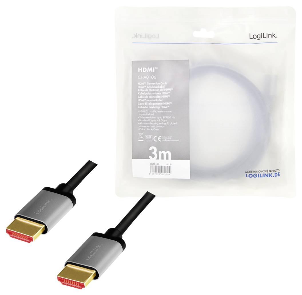 3-metrowy kabel HDMI firmy LogiLink w przezroczystym opakowaniu, którego przednia strona prezentuje szczegóły kabla i logo marki.