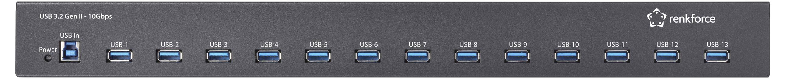 USB-хаб Renkforce RF-6677282, 13 портів USB-A USB 3.2 Gen2, 10 Гбіт/с, для промислового застосування, монтується в стійку, металев