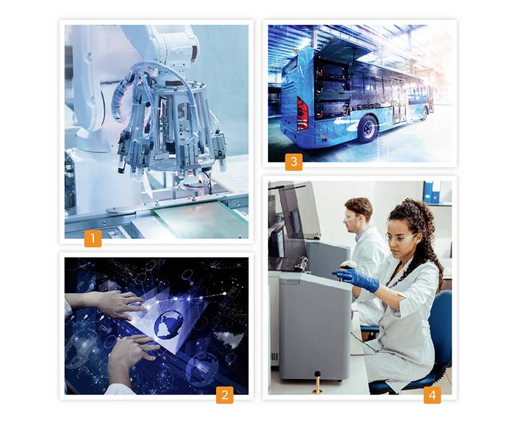 Kolaż z czterech zdjęć: 1) Ramię robota podczas pracy, 2) Cyfrowa mapa świata z dłońmi, 3) Nowoczesny autobus, 4) Naukowiec w laboratorium.