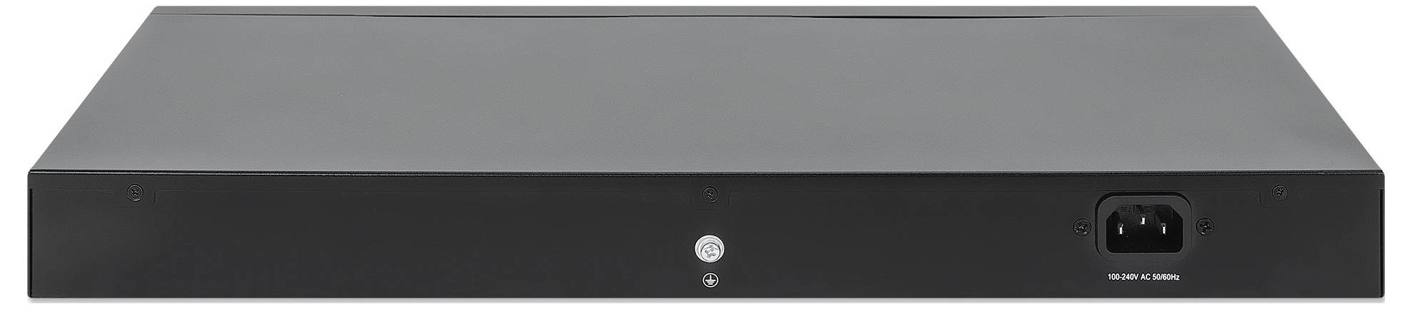 Płaskie, czarne urządzenie elektroniczne z przednią lampką świecącą oraz gniazdem zasilającym po prawej stronie.