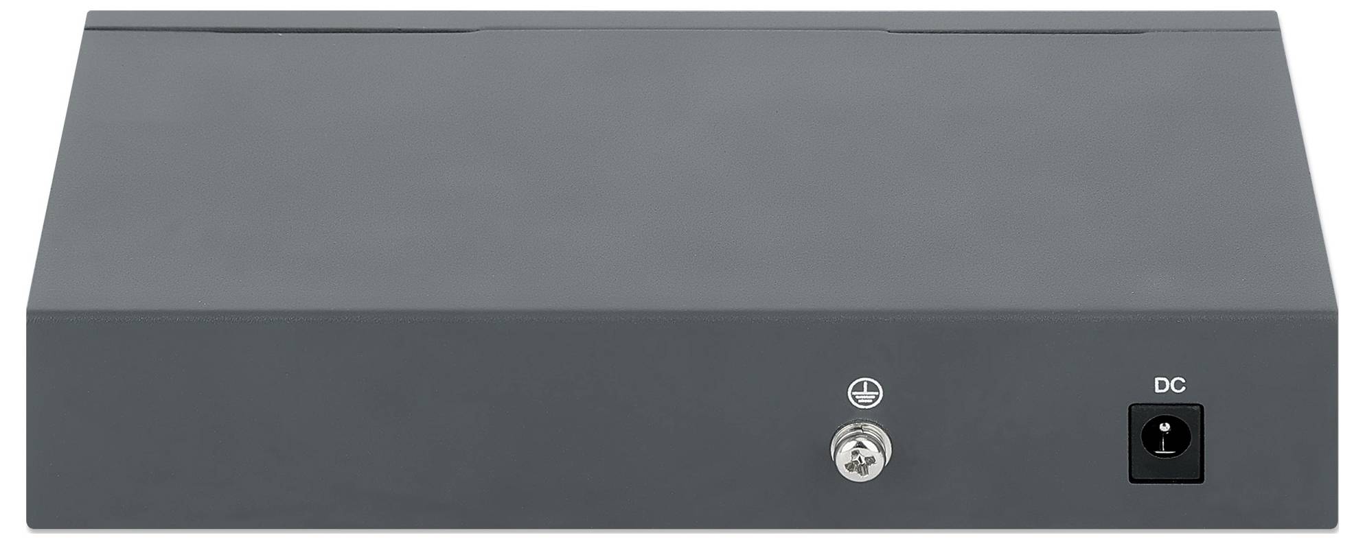 Szare pudełko z zamkiem w kształcie klucza pośrodku i złączem prądu stałego po prawej stronie.