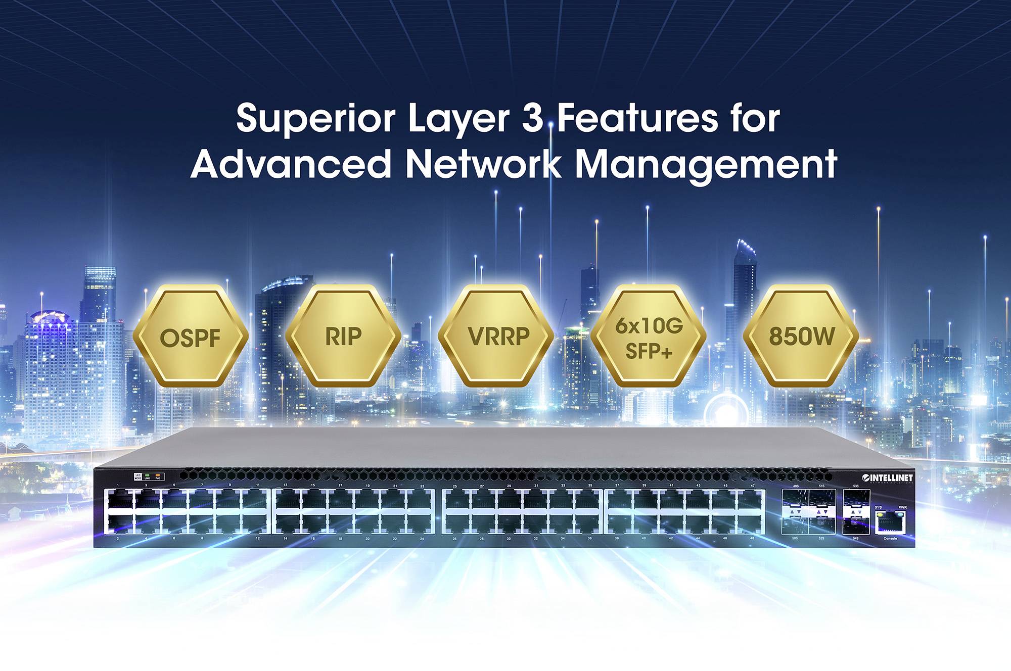 Intellinet 54-Port L3 Fully Managed PoE+ Switch mit 48 Gigabit-Ports und 6 SFP+ Uplinks Switch sieciowy 19'' 10 / 100 / -3