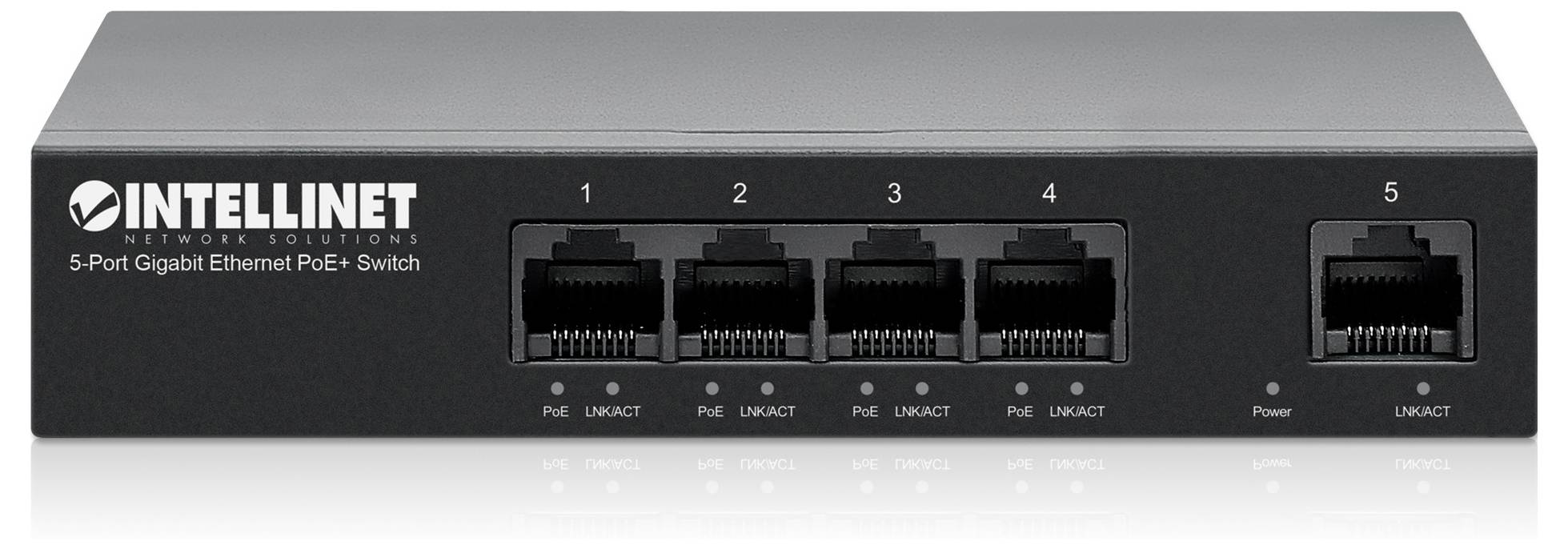 5-portowy przełącznik Gigabit Ethernet PoE+ firmy Intellinet z pięcioma portami Ethernet, przeznaczony do zasilania i przesyłania danych.