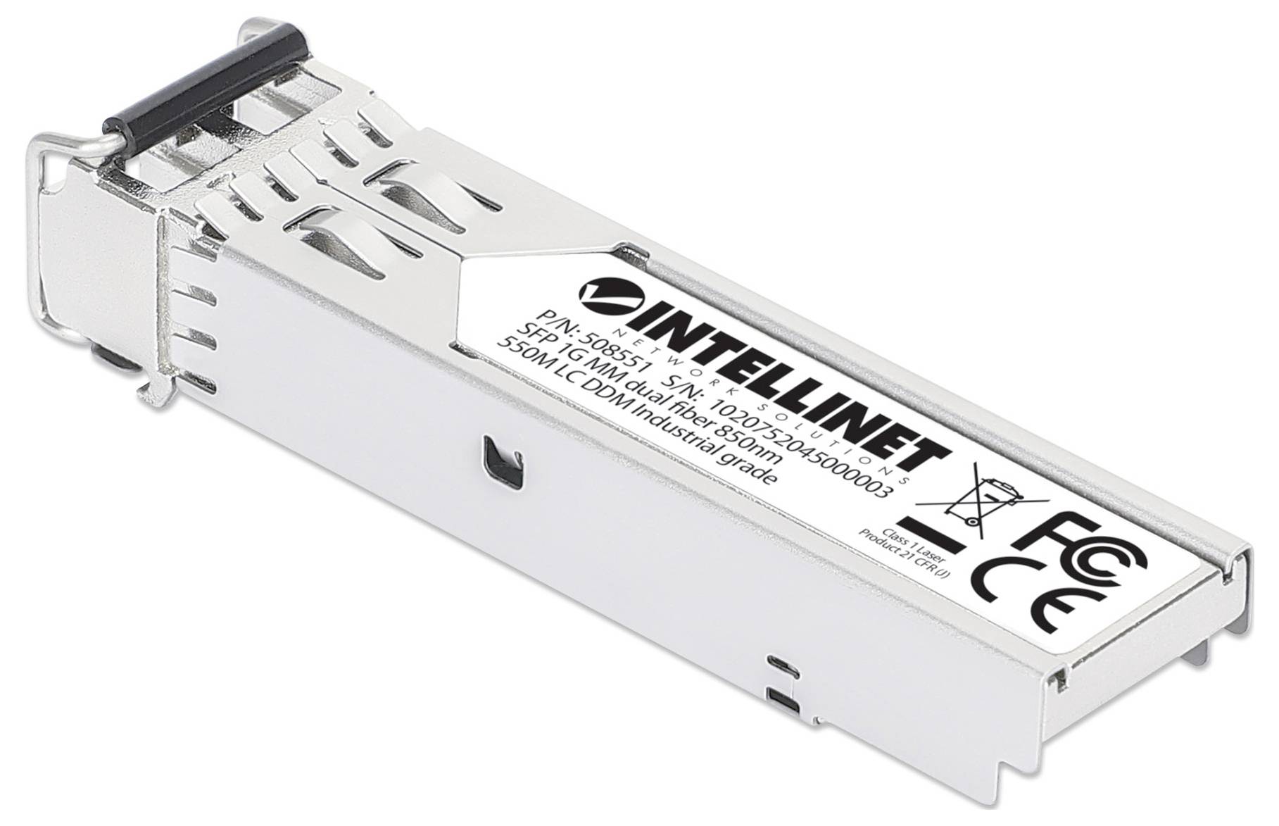 Srebrny transceiver sieciowy Intellinet, numer modelu 507159. Kompatybilny z różnymi interfejsami sieciowymi, w tym złączem LC.
