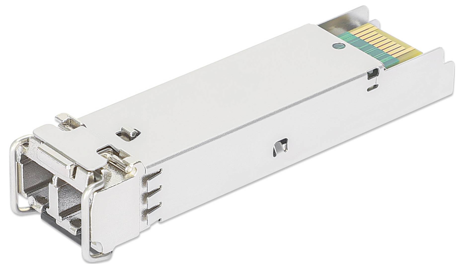 Srebrny moduł SFP z metalową obudową i stykami elektrycznymi do podłączenia do urządzeń sieciowych.