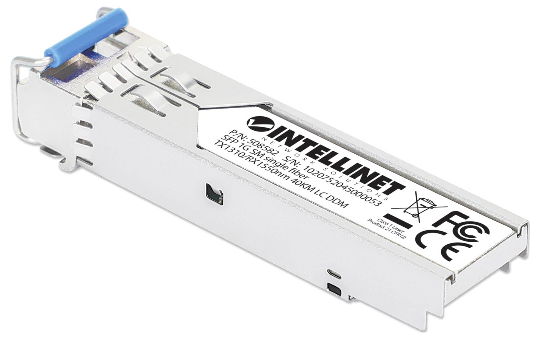 Srebrny moduł SFP firmy Intellinet z niebieską klapką i oznakowaniem, odpowiedni do połączeń sieciowych, zgodny z normami FCC.