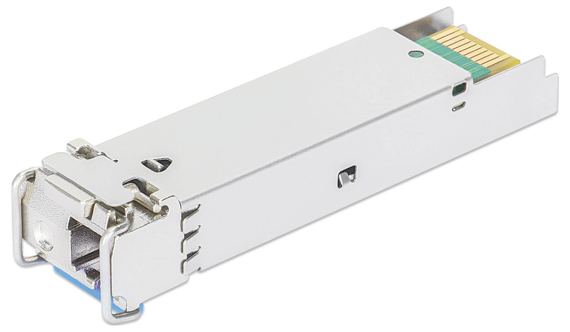 Moduł SFP (Small Form-factor Pluggable), stosowany do transmisji danych w sieciach, przedstawiony w srebrnej obudowie.