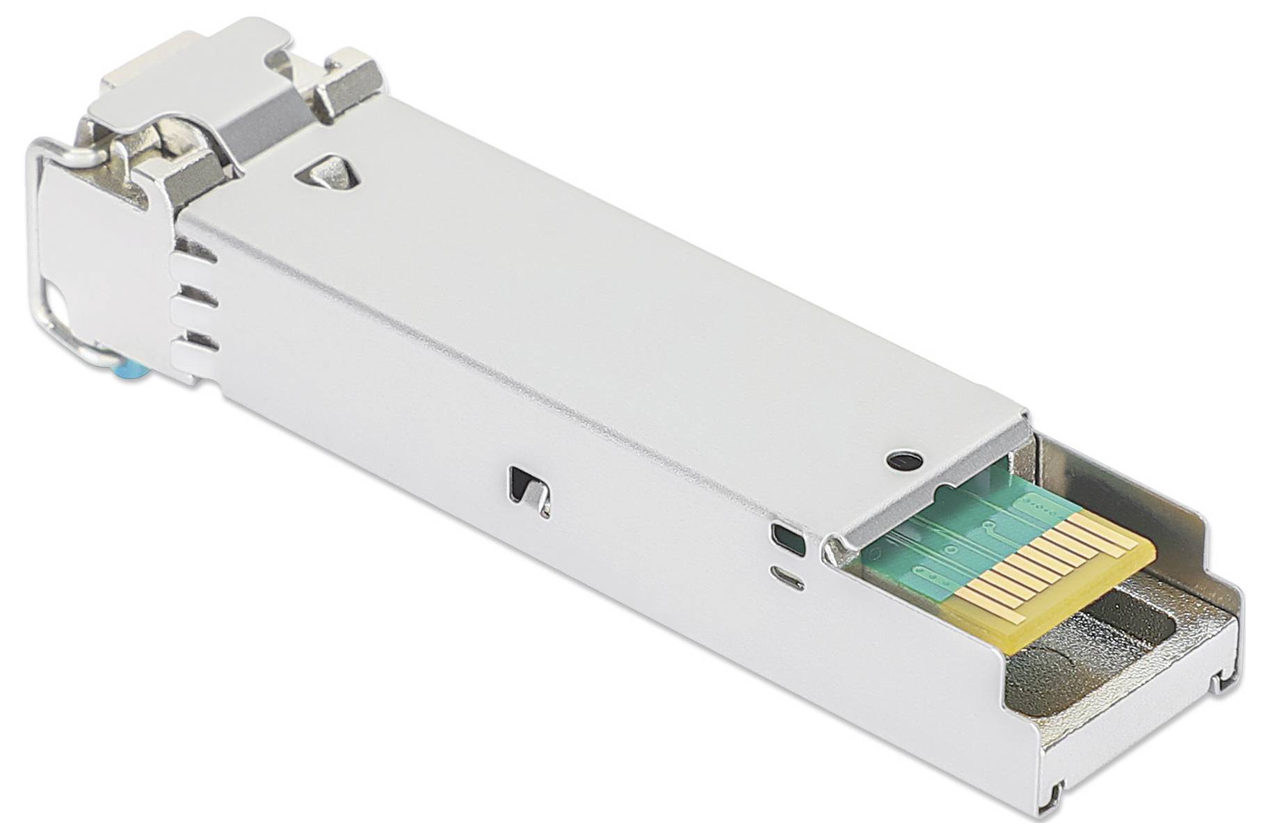 Moduł SFP, kompaktowe, wymienne urządzenie interfejsu sieciowego przeznaczone do transmisji danych w sieciach światłowodowych lub miedzianych.